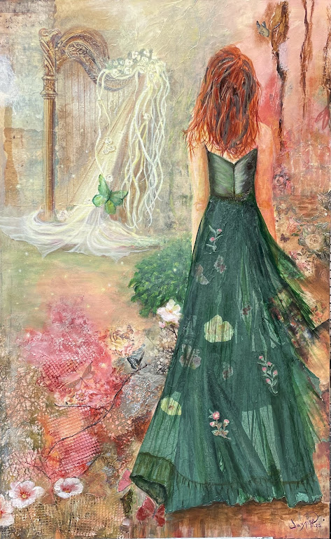 'Secret Garden' Mixed Media Oils Painting by Jasmine depicting a woman in a green flowy dress walking in a garden towards a golden harp in the far left background