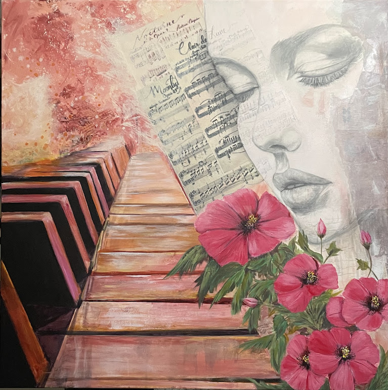 Can you hear it? Mixed Media oil painting by Jasmine depicting a woman's face with eyes closed, seamingly listening to classical music as there are sheet music in the background of Moon light Nocturne etc. a very large piano keyboard is on her left and fuchsia flowers in front of her